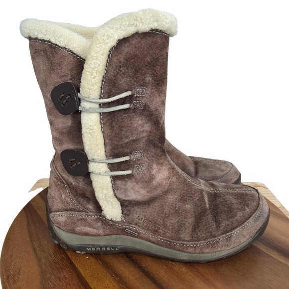 Merrell Winter Boots Womens 10 Brown Suede Yarra Faux Fur Primaloft Insulated - Picture 1 of 12